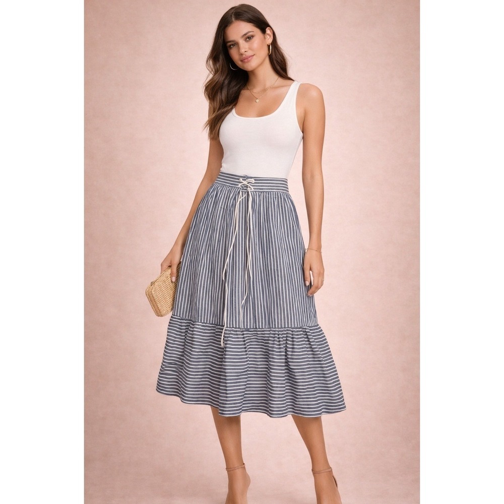 Tahari Skirt Womens Medium Blue White Stripe Peasant Midi Lace Up Lined Boho